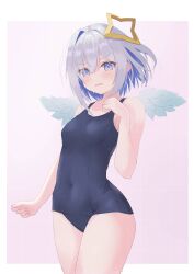Rule 34 | 1girl, absurdres, amane kanata, angel, angel wings, asymmetrical hair, blue hair, blue wings, blush, bob cut, breasts, colored inner hair, commentary request, cowboy shot, detached wings, feathered wings, gradient background, hair ornament, halo, highres, hololive, looking at viewer, mini wings, multicolored hair, nishiki vx, one-piece swimsuit, pink hair, school swimsuit, short hair, single hair intake, solo, star halo, swimsuit, thighs, two-tone hair, virtual youtuber, white wings, wings