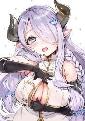 Rule 34 | 10s, 1girl, black gloves, blue eyes, blush, braid, breasts, cleavage, draph, elbow gloves, gloves, granblue fantasy, hair ornament, hair over one eye, horns, large breasts, light purple hair, long hair, looking at viewer, narmaya (granblue fantasy), nekometaru, open mouth, paizuri invitation, pointy ears, simple background, single braid, smile, solo, white background