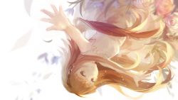 Rule 34 | 1girl, brown hair, deemo, dress, falling, floating hair, flower, alice (deemo), highres, looking at viewer, nine point eight (deemo), outstretched arms, shin-kun, smile, solo, spread arms