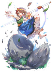 Rule 34 | 1girl, barefoot, blue dress, brown hair, circlet, detached sleeves, dress, falling leaves, full body, green dress, highres, itomugi-kun, leaf, long hair, low twintails, monkey tail, multicolored clothes, multicolored dress, open mouth, red eyes, rock, simple background, single detached sleeve, smile, solo, son biten, tail, test tube, touhou, twintails, white background, yellow dress