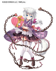 Rule 34 | abashiri (mist train girls), animal ears, blue eyes, blush, box, chain, commentary request, garter belt, hair between eyes, heart-shaped box, holding, holding box, kei kei, long hair, looking at viewer, maid, mist train girls, official art, pink ribbon, ribbon, sidelocks, simple background, smile, solo, swept bangs, thighhighs, wa maid, white background, white hair, white thighhighs
