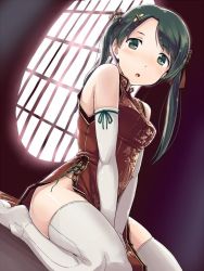 Rule 34 | 10s, 1girl, alternate costume, bad id, bad twitter id, blush, breasts, china dress, chinese clothes, dress, elbow gloves, gloves, green eyes, green hair, hair ornament, hi-ho-, jpeg artifacts, kantai collection, long hair, looking at viewer, matching hair/eyes, mikuma (kancolle), no panties, open mouth, sitting, solo, thighhighs, twintails, v arms, wariza, white gloves, white thighhighs