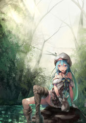 Rule 34 | 1girl, aqua hair, asymmetrical footwear, asymmetrical legwear, bad id, bad pixiv id, bare shoulders, beret, bird, blue eyes, blush, boots, rabbit, collarbone, cross-laced footwear, dress, fantasy, forest, frilled dress, frills, gloves, hat, heart, heart-shaped pupils, high heel boots, high heels, highres, knee boots, lace-up boots, lee (saraki), long hair, looking at viewer, nature, open mouth, original, rock, saraki, signature, silhouette, sitting, sleeveless, sleeveless dress, solo, stream, sunlight, symbol-shaped pupils, thigh boots, thighhighs, tree, uneven footwear, uneven legwear, water, white gloves