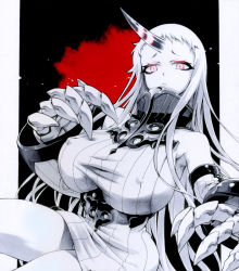 Rule 34 | 10s, 1girl, abyssal ship, bad id, bad pixiv id, bare legs, bare shoulders, black background, breasts, claws, covered erect nipples, dress, female focus, frown, glowing, glowing eyes, horns, huge breasts, kantai collection, long hair, looking at viewer, monochrome, outside border, pale skin, panties, red theme, ribbed dress, seaport princess, sideboob, simple background, single horn, solo, spot color, underwear, very long hair, white hair, wide sleeves, yanagida