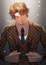 Rule 34 | 1boy, bara, brown hair, closed mouth, collared shirt, commentary request, facial hair, formal, green eyes, highres, holding, long hair, looking at viewer, male focus, mature male, necktie, one eye closed, original, shirt, smile, solo, vest, waistcoat, white shirt, yoshinaga haru