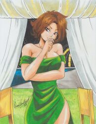 Rule 34 | 2023, arm across chest, bare shoulders, breasts, brown hair, chair, cleavage, commission, dress, grass, green dress, hand on own chin, highres, jewelry, large breasts, necklace, night, original, ravernclouk design, red eyes, short hair, smile, traditional media