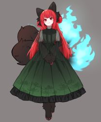 Rule 34 | 1girl, absurdres, alternate hairstyle, animal ears, animal hands, blue fire, cat ears, cat paws, cat tail, claws, dress, egret, fire, floral print, flower, fluffy, green dress, highres, kaenbyou rin, long hair, multiple tails, nekomata, one-hour drawing challenge, red eyes, red hair, simple background, slit pupils, smile, solo, spider lily, spider lily print, standing, tail, touhou, translucent