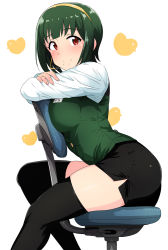 Rule 34 | 1girl, black thighhighs, blush, breast press, breasts, buttons, chair, closed mouth, crossed arms, from side, green hair, hairband, headset, heart, heart background, highres, idolmaster, idolmaster (classic), large breasts, long sleeves, looking at viewer, looking back, microphone, miniskirt, mole, mole under mouth, name tag, office chair, otonashi kotori, pencil skirt, red eyes, revision, shirt, side slit, simple background, sitting, sitting backwards, skirt, smile, solo, swivel chair, thighhighs, thighs, tsurui, vest, white background, zettai ryouiki