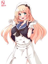 Rule 34 | 1girl, alternate costume, artist logo, atago (kancolle), blonde hair, blue eyes, blue sailor collar, breasts, commentary request, cowboy shot, dated, dress, gloves, green eyes, hat, highres, jervis (kancolle), kanon (kurogane knights), kantai collection, large breasts, long hair, look-alike, looking at viewer, open mouth, sailor collar, sailor dress, sailor hat, short sleeves, simple background, solo, touyama nao, voice actor connection, white background, white dress, white gloves, white hat