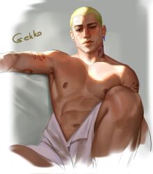 Rule 34 | 1boy, abs, arm tattoo, bara, character name, ear piercing, earrings, gekko (valorant), green hair, highres, jewelry, large pectorals, male focus, muscular, muscular male, naked towel, navel, neck tattoo, nipples, pectorals, piercing, sasha shkret, short hair, simple background, solo, tattoo, towel, towel around waist, valorant, very short hair