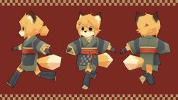 Rule 34 | 1girl, 3d, animal ears, animated, black eyes, blonde hair, facing away, facing viewer, fox ears, fox girl, fox tail, from side, furry, furry female, gloves, hair bun, hair ornament, hairclip, japanese clothes, kimono, leedoppo, looping animation, low poly, multiple views, obi, red background, running, sash, solo, tagme, tail, video