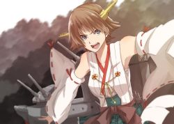 Rule 34 | &gt;:o, 10s, 1girl, :o, bare shoulders, blue eyes, brown hair, detached sleeves, headgear, hiei (kancolle), kantai collection, md5 mismatch, nontraditional miko, outstretched arms, resized, sarashi, sash, short hair, solo, spread arms, tsukamoto minori, turret, v-shaped eyebrows