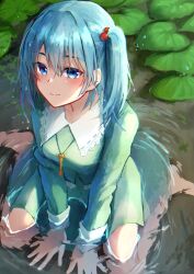 Rule 34 | 1girl, bell, bo cota, hair bell, hair ornament, highres, in water, jewelry, kawashiro nitori, key, lily pad, looking at viewer, necklace, ripples, sitting, solo, touhou, water