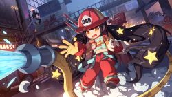 Rule 34 | 1girl, 6+boys, absurdly long hair, absurdres, alternate costume, black hair, boots, breasts, brown hair, buckle, building, character request, child, crying, dog, fire helmet, fire hydrant, firefighter, firefighter jacket, full body, gloves, hat, helmet, highres, hijinrui gakuen, huge filesize, jacket, long hair, multiple boys, navel, open mouth, outdoors, overalls, rekaerb maerd, snap-fit buckle, solo focus, star (symbol), streaming tears, tears, twintails, very long hair, yellow eyes