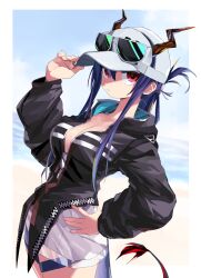 Rule 34 | 1girl, arknights, baseball cap, beach, black jacket, blue hair, blue sky, breasts, ch&#039;en (arknights), ch&#039;en the holungday (arknights), cleavage, cloud, cowboy shot, day, dragon girl, dragon horns, dragon tail, eyewear on headwear, fur-tipped tail, hand on headwear, hand on own hip, hat, highres, horns, horns through headwear, jacket, large breasts, long hair, looking at viewer, ocean, outdoors, partially unzipped, red eyes, sand, shaded face, sidelocks, sky, solo, sunglasses, tail, water, white hat, yachima tana