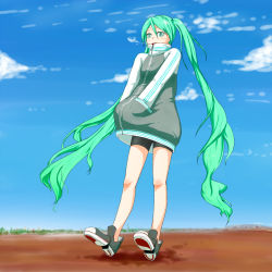 Rule 34 | aqua eyes, bike shorts, blush, cloud, covered mouth, day, full body, green hair, hatsune miku, jacket, jaco, legs, long hair, no socks, shoes, sky, sneakers, solo, standing, twintails, very long hair, vocaloid