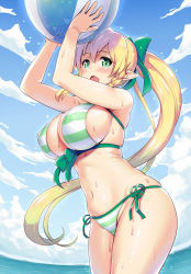 Rule 34 | 1girl, arms up, ball, beachball, bikini, blonde hair, blue sky, blush, bow, braid, breasts, cleavage, cloud, cloudy sky, covered erect nipples, cowboy shot, day, fairy, fisheye, from side, green bikini, green eyes, hair bow, highres, huge breasts, kawase seiki, large breasts, leafa, leaning forward, long ears, long hair, looking at viewer, navel, open mouth, outdoors, pointy ears, ponytail, side-tie bikini bottom, sideboob, sky, solo, striped bikini, striped clothes, swimsuit, sword art online, twin braids, very long hair, wet