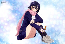 Rule 34 | 1girl, absurdres, animedia, black hair, black socks, blue jacket, blue skirt, blush, boku no kokoro no yabai yatsu, bottle, brown eyes, closed mouth, clothes lift, grey footwear, highres, holding, holding bottle, jacket, knees up, looking at viewer, official art, pink scarf, pleated skirt, scan, scarf, school uniform, shirt, shoes, sitting, skirt, skirt lift, smile, sneakers, socks, solo, thighs, white shirt, yamada anna