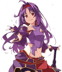 Rule 34 | 1girl, armor, covered navel, cowboy shot, detached sleeves, embarrassed, english text, fingerless gloves, fingernails, gloves, groin, hair intakes, hairband, happy birthday, highres, light blush, long fingernails, long hair, looking at another, mixed-language commentary, planted, purple armor, purple gloves, purple hair, red eyes, red hairband, shikei, smile, solo, sword, sword art online, thigh strap, v, weapon, white background, yuuki (sao)