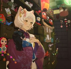 Rule 34 | 1girl, absurdres, animal ears, apron, birdcage, blunt bangs, cage, cat ears, closed mouth, daruma doll, doll, eyeshadow, haori, highres, holding, holding doll, japanese clothes, long sleeves, maid, makeup, mask, matryoshka doll, medium hair, oni mask, original, sankomichi, smile, solo, standing, string of flags, wa maid, white apron, white hair, wide sleeves, yellow eyes