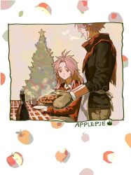 Rule 34 | 2boys, absurdres, antenna hair, apple, apple pie, apron, black sweater, brown pants, christmas, christmas tree, closed mouth, collared shirt, cup, curtained hair, earrings, english text, expressionless, food, fruit, fur trim, hatsutori hajime, highres, holding, holding food, indoors, iuew, jewelry, long hair, long sleeves, male focus, multiple boys, oven mitts, pants, parted bangs, pie, pink hair, plate, red scarf, red sweater, saibou shinkyoku, scarf, shirt, short hair, sweater, tablecloth, theodore riddle, white apron, white shirt