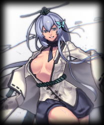 Rule 34 | 1girl, bad id, bad pixiv id, breasts, close-up, collarbone, dual wielding, flower, gradient background, grey eyes, hair flower, hair ornament, highres, holding, jacket, jjune, looking at viewer, no bra, open clothes, open jacket, original, shirt, shorts, silver hair, smile, solo