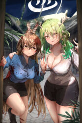 Rule 34 | 2girls, antlers, blood, blood in hair, blood on clothes, blood on face, blush, breasts, brown hair, bubba (watson amelia), ceres fauna, cleavage, collared shirt, earrings, feather hair ornament, feathers, flower, green hair, hair between eyes, hair flower, hair ornament, highres, hololive, hololive english, horns, jewelry, koromay ho, large breasts, long hair, looking at viewer, multiple girls, nanashi mumei, parted lips, partially unbuttoned, ponytail, shirt, shorts, thick thighs, thighs, v, very long hair, virtual youtuber, yellow eyes