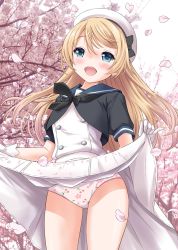 Rule 34 | 1girl, blonde hair, blue eyes, blue sailor collar, blue sky, cherry blossoms, cherry print, clothes lift, cloud, cowboy shot, day, dress, dress lift, food print, gloves, hat, highres, jervis (kancolle), kantai collection, lifting own clothes, long hair, neko danshaku, open mouth, outdoors, panties, petals, sailor collar, sailor dress, sailor hat, short sleeves, sky, smile, solo, standing, tree, underwear, white dress, white gloves, white hat, white panties