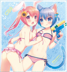 Rule 34 | 2girls, :q, anchor, animal ears, ass, bikini, blue eyes, blue hair, blush, breasts, cat ears, cat tail, chestnut mouth, fish hair ornament, flower, hair bobbles, hair flower, hair ornament, lifebuoy, long hair, multiple girls, navel, onka, open mouth, original, pink eyes, pink hair, rabbit ears, rabbit tail, sakura (mani), short hair, side-tie bikini bottom, simple background, small breasts, smile, star (symbol), star hair ornament, striped bikini, striped clothes, sunflower, sunflower hair ornament, sweatband, swim ring, swimsuit, tail, tongue, tongue out, twintails, underboob, untied bikini, usashiro mani, water gun