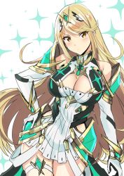 Rule 34 | 1girl, aono shimo, armor, bad id, bad twitter id, blonde hair, blush, breasts, cleavage, cleavage cutout, clothing cutout, cowboy shot, dress, faulds, gloves, highres, large breasts, long hair, looking at viewer, mythra (xenoblade), nintendo, simple background, solo, sparkle, swept bangs, thigh strap, thighs, v-shaped eyebrows, very long hair, xenoblade chronicles (series), xenoblade chronicles 2, yellow eyes