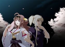 Rule 34 | 10s, 2girls, ahoge, aoki hagane no arpeggio, blonde hair, brown hair, cherry blossoms, choker, crossover, detached sleeves, hand fan, japanese clothes, jewelry, kantai collection, kongou (aoki hagane no arpeggio), kongou (kancolle), lipstick, locked arms, makeup, multiple girls, name connection, necklace, nontraditional miko, open mouth, puffy short sleeves, puffy sleeves, purple eyes, purple lips, red eyes, ribbon-trimmed sleeves, ribbon trim, short sleeves, twintails, wide sleeves, yume developing