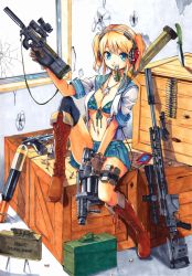Rule 34 | 1girl, ammunition belt, ammunition box, anti-personnel mine, anti-personnel weapon, battle rifle, beretta 92, bikini, bikini under clothes, bipod, blonde hair, blue eyes, boots, box, breasts, broken glass, bullet, bullet hole, bullpup, camouflage, cartridge, cleavage, crate, cross-laced footwear, digital media player, dog tags, explosive, fragmentation grenade, front-tie top, glass, gloves, grenade, grenade launcher, grin, gun, gun sling, hand grenade, handgun, headphones, knife, lace-up boots, looking at viewer, m14, m18 claymore mine, magazine (weapon), medium breasts, meso-meso, milkor mgl, mine (weapon), mk 2 grenade, mouth hold, navel, on box, open clothes, open shirt, p90, personal defense weapon, pistol, revolver grenade launcher, rifle, rocket launcher, scar, school uniform, scope, shell casing, shirt, sitting, sitting on box, smile, sniper rifle, solo, submachine gun, suppressor, swimsuit, swimsuit under clothes, twintails, underboob, weapon, window