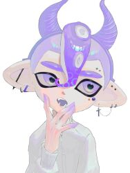 Rule 34 | 1boy, commentary request, cross, cross earrings, demon horns, ear piercing, earrings, fake horns, hand on own chin, horns, jewelry, kurutot1, mohawk, nintendo, octoling, octoling boy, octoling player character, open mouth, piercing, pointy ears, purple eyes, purple hair, short hair, simple background, solo, splatoon (series), sweater, teeth, tentacle hair, thick eyebrows, upper body, white background, white sweater