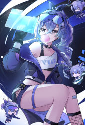 Rule 34 | 1girl, absurdres, black gloves, black ribbon, black shorts, character doll, chewing gum, commentary, crossed bangs, doll, drill hair, english commentary, flat chest, gloves, goggles, goggles on head, grey eyes, gun, hair ribbon, highres, holding, holding gun, holding staff, holding sword, holding weapon, holographic interface, honkai: star rail, honkai (series), index finger raised, invisible chair, jacket, kato yuurina, long hair, ponytail, purple eyes, ribbon, short shorts, shorts, signature, silver wolf (honkai: star rail), sitting, staff, sword, thighs, weapon