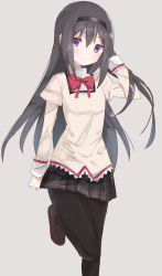 Rule 34 | 10s, 1girl, akemi homura, arm up, black hair, black pantyhose, black skirt, blush, checkered clothes, checkered skirt, closed mouth, grey background, hair between eyes, hairband, hand in own hair, highres, loafers, long hair, looking at viewer, mahou shoujo madoka magica, mahou shoujo madoka magica (anime), pantyhose, plaid, plaid skirt, pleated skirt, purple eyes, shoes, simple background, skirt, solo, tsubaki (tatajd)