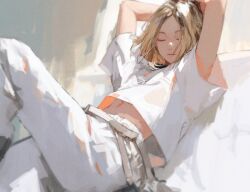 Rule 34 | 1boy, 96yottea, against wall, arms behind back, arms up, belt, black hair, blonde hair, closed eyes, closed mouth, haikyuu!!, highres, indoors, kozume kenma, male focus, medium hair, multicolored hair, navel, pants, shirt, short sleeves, sitting, smile, solo, stomach, two-tone hair, wall, white pants, white shirt
