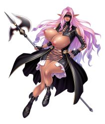 Rule 34 | 00s, 1girl, blindfold, blush, bouncing breasts, breasts, breasts out, covered eyes, dark-skinned female, dark skin, female focus, full body, highres, huge breasts, judith (taimanin asagi), lilith-soft, long hair, nipples, no bra, open mouth, pink hair, pointy ears, shiny skin, solo, taimanin (series), taimanin asagi, taimanin asagi kessen arena, tatsunami youtoku, weapon