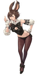Rule 34 | 1girl, :d, animal ears, blue eyes, bow, bowtie, braid, breasts, brown hair, cleavage, detached sleeves, fake animal ears, final fantasy, final fantasy xiv, fingerless gloves, fishnets, gloves, high heels, highres, leotard, makimura shunsuke, medium breasts, midriff, open mouth, pantyhose, playboy bunny, rabbit ears, rabbit girl, rabbit tail, short hair, side braid, smile, tail, viera, warrior of light (ff14)