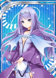 Rule 34 | 1girl, akkijin, blue background, breasts, capelet, card (medium), center opening, choker, closed mouth, collarbone, cowboy shot, dress, long hair, long sleeves, looking at viewer, overskirt, pelvic curtain, purple dress, purple eyes, purple hair, shinkai no valkyrie, sidelocks, small breasts, snow, snowflakes, solo, sparkle, standing, tiara, wide sleeves