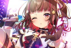 Rule 34 | 1girl, ;o, black choker, black gloves, blunt bangs, blush, brown eyes, brown hair, choker, concert, flower, frilled choker, frills, gloves, hair flower, hair ornament, heart, holding, holding microphone, idol, idol clothes, looking at viewer, mamyouda, microphone, multicolored hair, one eye closed, original, red hair, solo, sparkle, stage, stage lights, streaked hair, two-tone hair