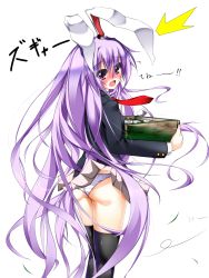 Rule 34 | 1girl, ^^^, absurdres, animal ears, black thighhighs, blush, bottle, box, carrying, clothes lift, cork, from behind, highres, jacket, long hair, looking back, necktie, open mouth, panties, purple eyes, purple hair, rabbit ears, red necktie, reisen udongein inaba, simple background, skirt, skirt lift, solo, stachz, suit jacket, thighhighs, touhou, underwear, upskirt, very long hair, white background, white panties, wind, wind lift