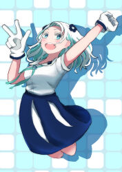 Rule 34 | 1girl, :d, absurdres, arm up, black flower, blue eyes, blue ribbon, blue skirt, blush, bright pupils, capo1 1, commentary, flower, full body, gloves, green hair, hair flower, hair ornament, hands up, haneuzu miuneru, highres, jewelry, jumping, long hair, looking at viewer, multicolored hair, neck ribbon, open mouth, pendant, ribbon, shirt, short sleeves, skirt, smile, solo, upper body, virtual youtuber, voms, white gloves, white hair, white pupils, white shirt
