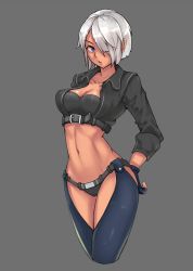 Rule 34 | 1girl, angel (kof), bad id, bad pixiv id, belt, breasts, chaps, cleavage, clyde s, cropped jacket, cropped legs, fingerless gloves, gloves, grey background, hair over one eye, medium breasts, micro shorts, midriff, navel, short hair, short shorts, shorts, silver hair, solo, the king of fighters