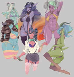 Rule 34 | 6+girls, ;p, abs, aqua hair, arm behind head, armpits, ass, big hair, bikini, blue eyes, blue hair, blue skin, bow, bowtie, bra, bracelet, breasts, brown hair, center opening, choker, cleavage, collage, colored skin, cropped legs, cuffs, demon girl, demon horns, drill hair, elbow gloves, garter straps, gloves, gradient hair, green skin, hair over one eye, highres, horns, jewelry, kneehighs, large breasts, live for the funk, long hair, monster girl, multicolored hair, multiple girls, navel, one-piece swimsuit, one eye closed, orange hair, original, pencil skirt, pink skin, plump, pointy ears, pubic hair, purple hair, purple skin, quad drills, scar, shackles, side-tie bikini bottom, side ponytail, side slit, sideboob, silver hair, skirt, sleeves rolled up, slingshot swimsuit, small breasts, socks, striped clothes, striped legwear, striped thighhighs, swimsuit, tail, thighhighs, tongue, tongue out, twintails, underboob, underwear, very long hair, wink, yellow eyes