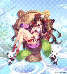 1girl bashosen breasts brown_hair cleavage commentary copyright_notice cushion folding_fan full_body g-row hand_fan holding holding_fan large_breasts long_hair looking_at_viewer navel official_alternate_costume official_art on_chair one_eye_closed panda phantom_of_the_kill purple_eyes red_footwear sandals second-party_source sitting smile solo sweatdrop swimsuit thighs zabuton