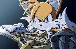 Rule 34 | 1boy, artist name, blue eyes, caliburn (sonic), chronocrump, close-up, fox boy, frown, furry, furry male, gauntlets, gem, gloves, highres, looking at viewer, male focus, multicolored fur, smirk, solo, sonic (series), sonic and the black knight, spiked hair, sword, tails (sonic), topless male, twitter username, upper body, weapon, white fur, yellow fur