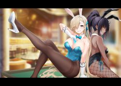 Rule 34 | 0.7 (aysatnegr), 2girls, absurdres, animal ears, asuna (blue archive), asuna (bunny) (blue archive), bare arms, bare back, bare shoulders, between breasts, black hair, black leotard, blonde hair, blue archive, blue bow, blue bowtie, blue leotard, blue ribbon, blurry, blurry background, bow, bowtie, breasts, card, card between breasts, casino, casino card table, chinese commentary, closed mouth, dark-skinned female, dark skin, detached collar, eyes visible through hair, fake animal ears, fishnet legwear, fishnets, gloves, hair over one eye, hair ribbon, high heels, high ponytail, highleg, highleg leotard, highres, indoors, karin (blue archive), karin (bunny) (blue archive), large breasts, leg up, leotard, long hair, looking at viewer, mole, mole on breast, multiple girls, official alternate costume, one eye closed, open mouth, pantyhose, playboy bunny, ribbon, side-tie leotard, sidelocks, sitting, stool, strapless, strapless leotard, swept bangs, table, teeth, very long hair, white footwear, white gloves, yellow eyes