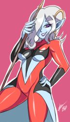 Rule 34 | 10s, 1girl, bigdead, breasts, demon girl, dragon ball, dragon ball heroes, dragon ball xenoverse, dragonball z, female focus, highres, large breasts, simple background, smile, solo, towa (dragon ball), white hair