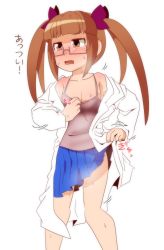 Rule 34 | 1girl, annoyed, armpits, artist request, bare shoulders, blue skirt, blush, body blush, breasts, cleavage, clothes lift, coat, collarbone, collared coat, eyelashes, female focus, glasses, holding, holding clothes, idolmaster, idolmaster cinderella girls, ikebukuro akiha, in heat, japanese text, lab coat, legs, long hair, looking away, miniskirt, motion lines, namco, neck, no bra, off-shoulder, off-shoulder coat, off shoulder, open mouth, orange eyes, orange hair, pink shirt, shiny skin, shirt, sidelocks, simple background, skirt, skirt lift, small breasts, spaghetti strap, standing, sweat, sweatdrop, tank top, thighs, translation request, twintails, undressing, very long hair, wet, wet clothes, white background, white coat