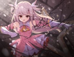 Rule 34 | 1girl, blurry, blurry background, blurry foreground, blush, brown eyes, commentary request, fate/kaleid liner prisma illya, fate (series), feather hair ornament, feathers, gloves, hair between eyes, hair ornament, illyasviel von einzbern, isinose (ilxodidli), long hair, looking at viewer, magical girl, motion blur, prisma illya, red eyes, shirt, sleeveless, sleeveless shirt, solo, white gloves